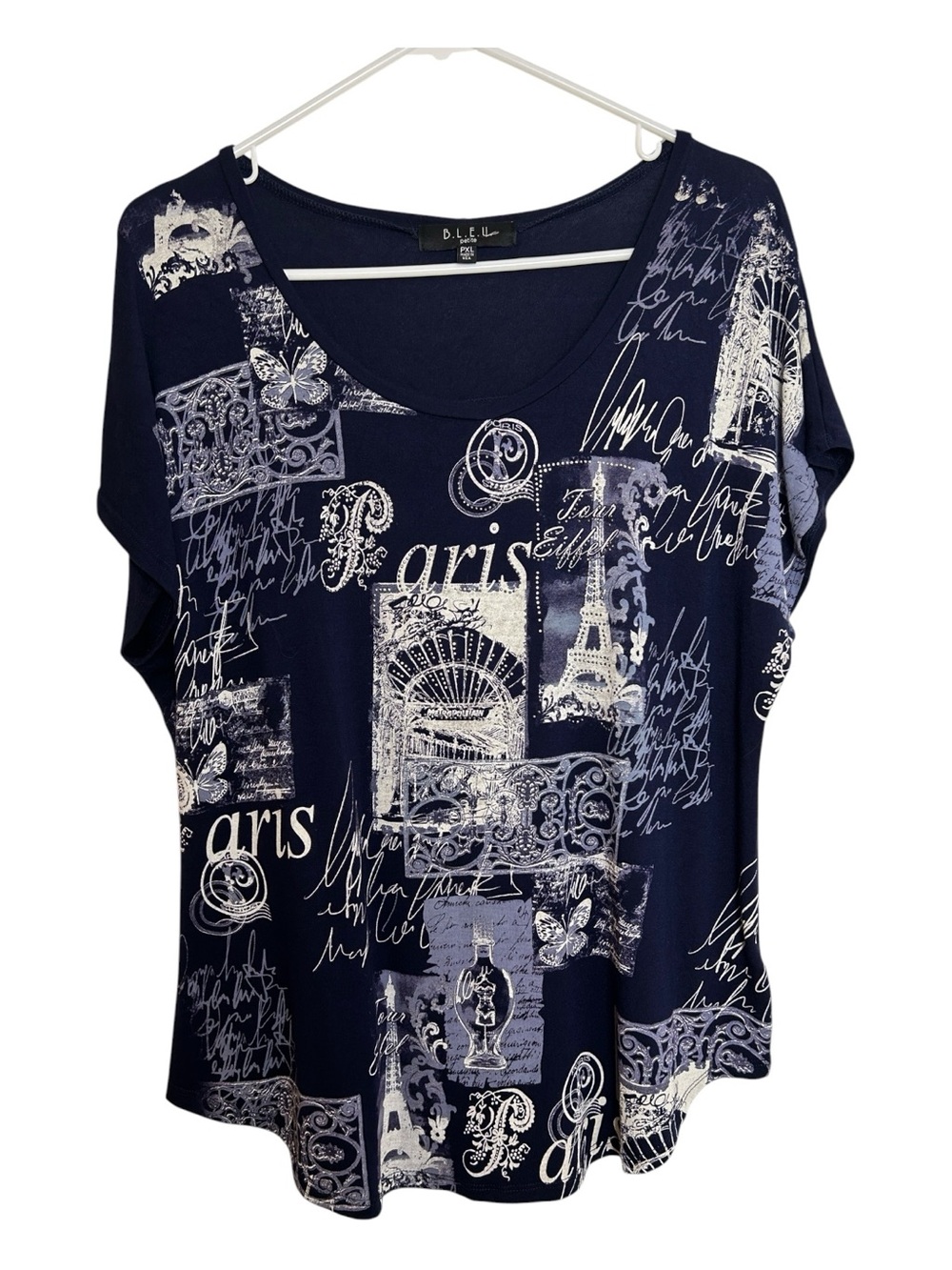 Bleu Short Sleeve Paris Embellished Blue Top Size XL Petite